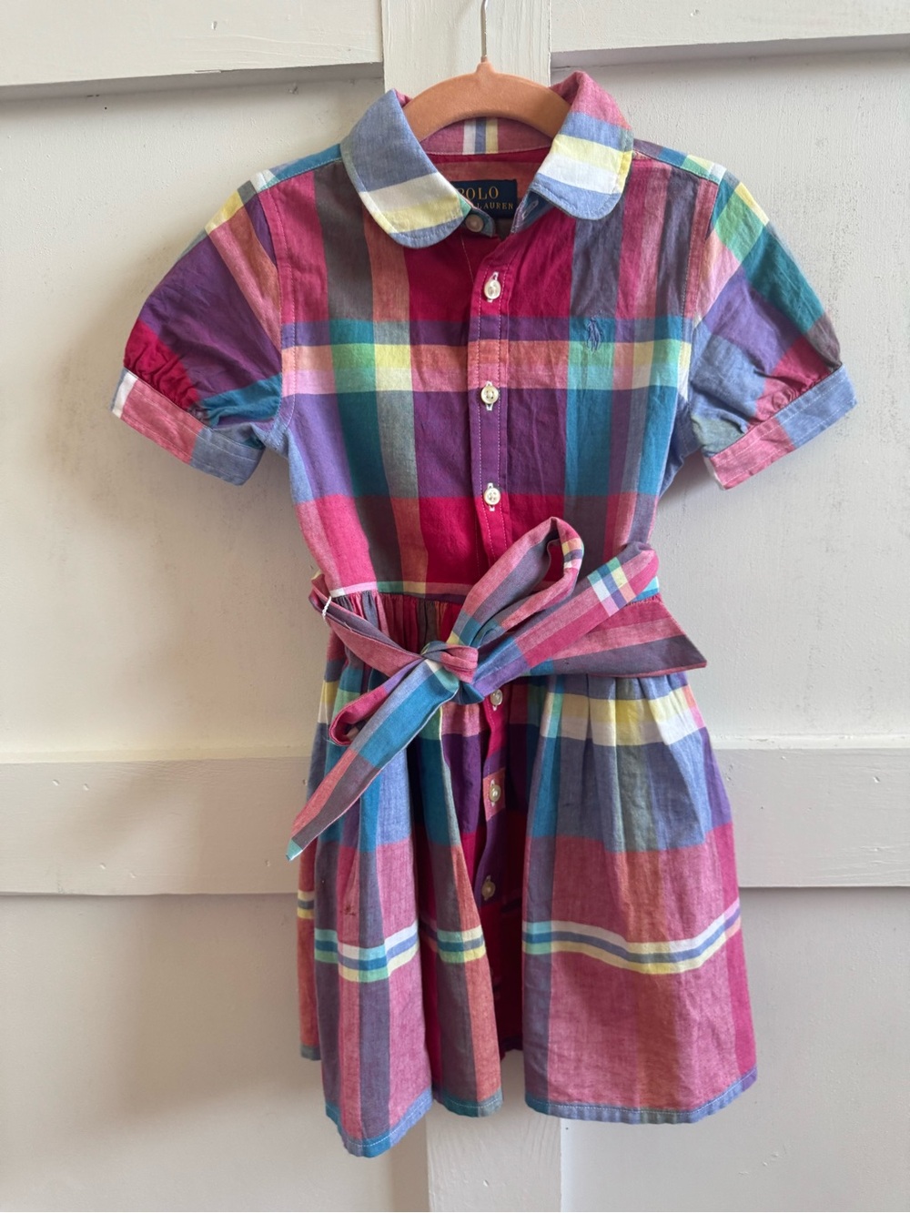 Polo by Ralph Lauren Girls Plaid Cotton Shirt Dress in Pink, Blue, Purple